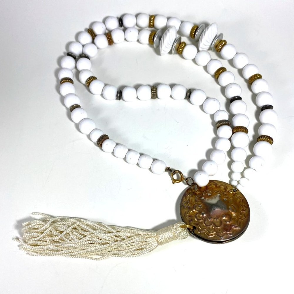Beautiful Vintage medallion and tassel gold and white bead necklace